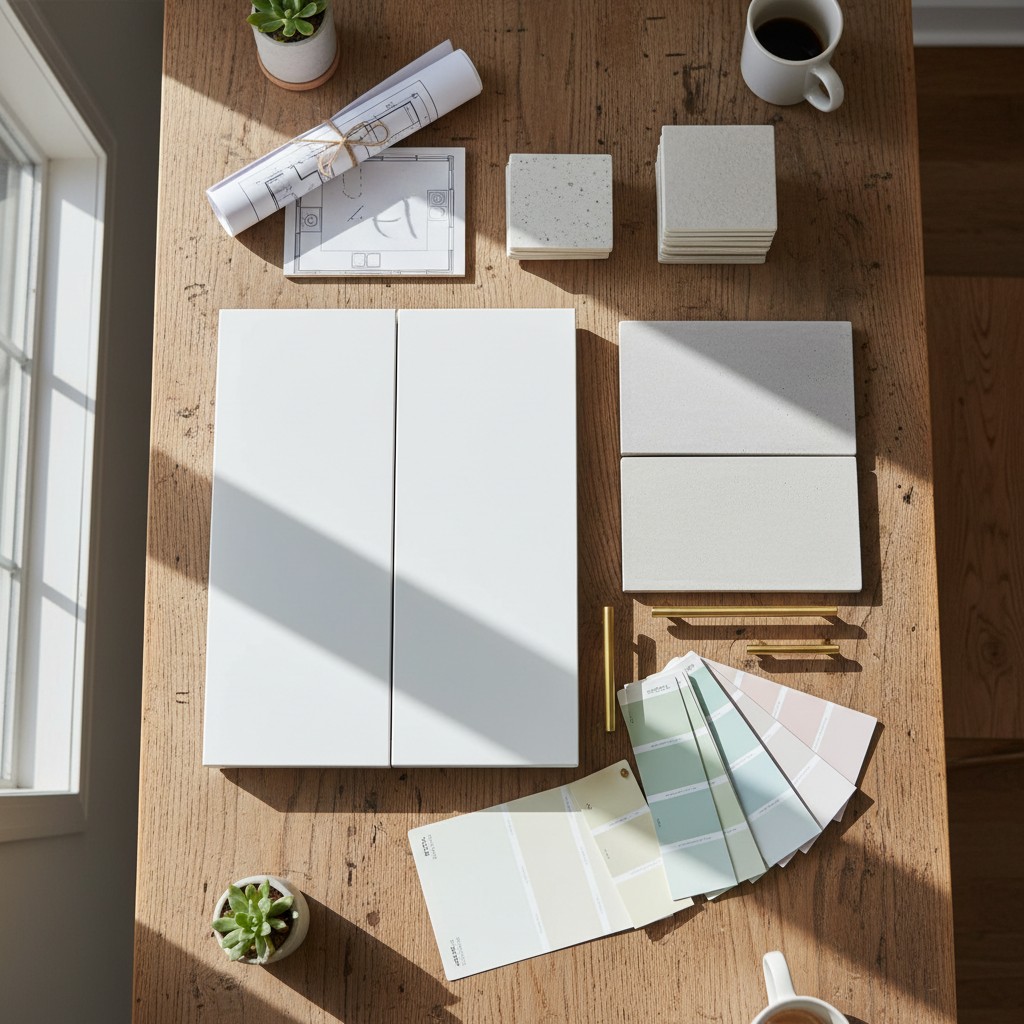 An overhead view of a playful kitchen renovation mood board laid out on a rustic oak table in photographic style. Samples of glossy white cabinet doors, pale grey concrete-look countertop tiles, and brushed brass handles are arranged alongside paint swatches in cheerful pastel tones, from butter yellow to mint green. A rolled-up blueprint of a small kitchen floor plan sits in one corner, next to a neatly stacked collection of ceramic tile samples with varying textures, from matte to lightly speckled. Soft, diffused daylight from a nearby window creates gentle shadows between the objects, adding depth without harsh contrast. The mood is creative and optimistic, with a clean, modern composition using the rule of thirds and a shallow depth of field that keeps the focus on the central mix of colors and materials.