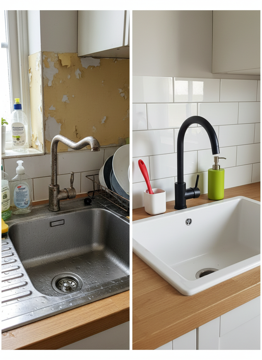 A playful “before and after” sink area in a compact kitchen, captured side-by-side within one photographic frame. On the left, an old stainless-steel sink with visible water spots, a clunky chrome faucet, and a cluttered, yellowed backsplash. On the right, a fresh undermount ceramic sink in crisp white, set into a pale oak countertop, with a minimalist matte black gooseneck faucet arching elegantly above. The new backsplash is made of glossy white subway tiles with light grey grout, reflecting soft, diffused daylight from an unseen window. Small, colorful kitchen accessories—a bright red dish brush, a lime green soap dispenser—add playful accents. Shot from a slightly elevated angle, with sharp focus across the scene, the composition is clean and modern, emphasizing the delightful upgrade from worn-out to stylish and functional.