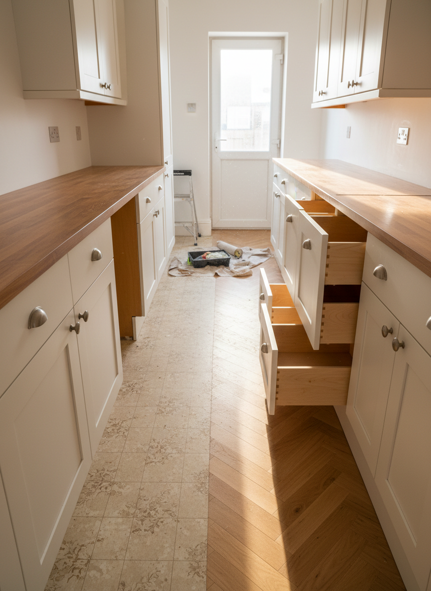 A bright, narrow galley kitchen mid-renovation, portrayed in vivid photographic realism. On one side, an old, honey-brown laminate countertop with a slightly scratched surface and outdated cream cabinet fronts; on the opposite side, newly installed white shaker cabinets with crisp lines and soft-close drawers left slightly open to reveal their clean interior. The floor shows a transition from worn vinyl with faint floral patterns to newly laid light oak herringbone. Warm afternoon sunlight streams in from a small back door window, illuminating dust motes in the air and creating lively highlights on the fresh paint. Captured from a slightly elevated angle with strong depth of field, the composition emphasizes the dynamic journey from tired to fresh, conveying a playful sense of progress and discovery.