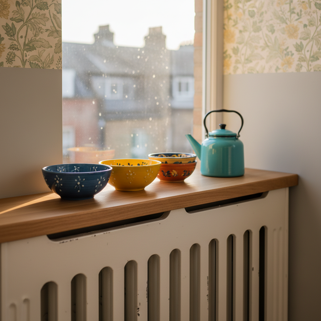 A charming corner of a renovated kitchen breakfast nook showcasing a playful mix of old and new in photographic realism. A vintage, slightly distressed white radiator cover stands beneath a freshly installed wooden windowsill made of oiled beech, its grain glowing warmly in the soft golden hour light. On the sill rests a small collection of colorful ceramic bowls and a single turquoise enamel teapot, while the wall behind shows a crisp transition from outdated patterned wallpaper to smooth, newly painted light grey. Outside the window, only soft bokeh hints at urban rooftops. Shot at eye level with a gentle, shallow depth of field, the scene feels inviting and whimsical, highlighting how small design updates can transform even the most overlooked kitchen corners into cozy, modern retreats.